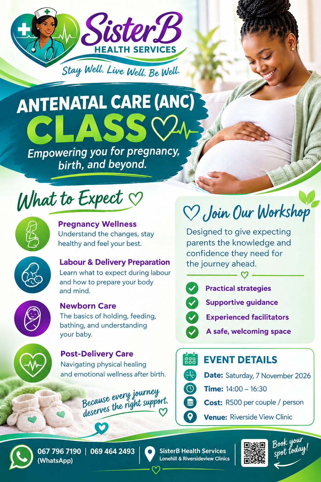 SisterB Health Services Antenatal Care Class on Saturday, 7 November 2026, from 14:00 to 16:30 at Riverside View Clinic