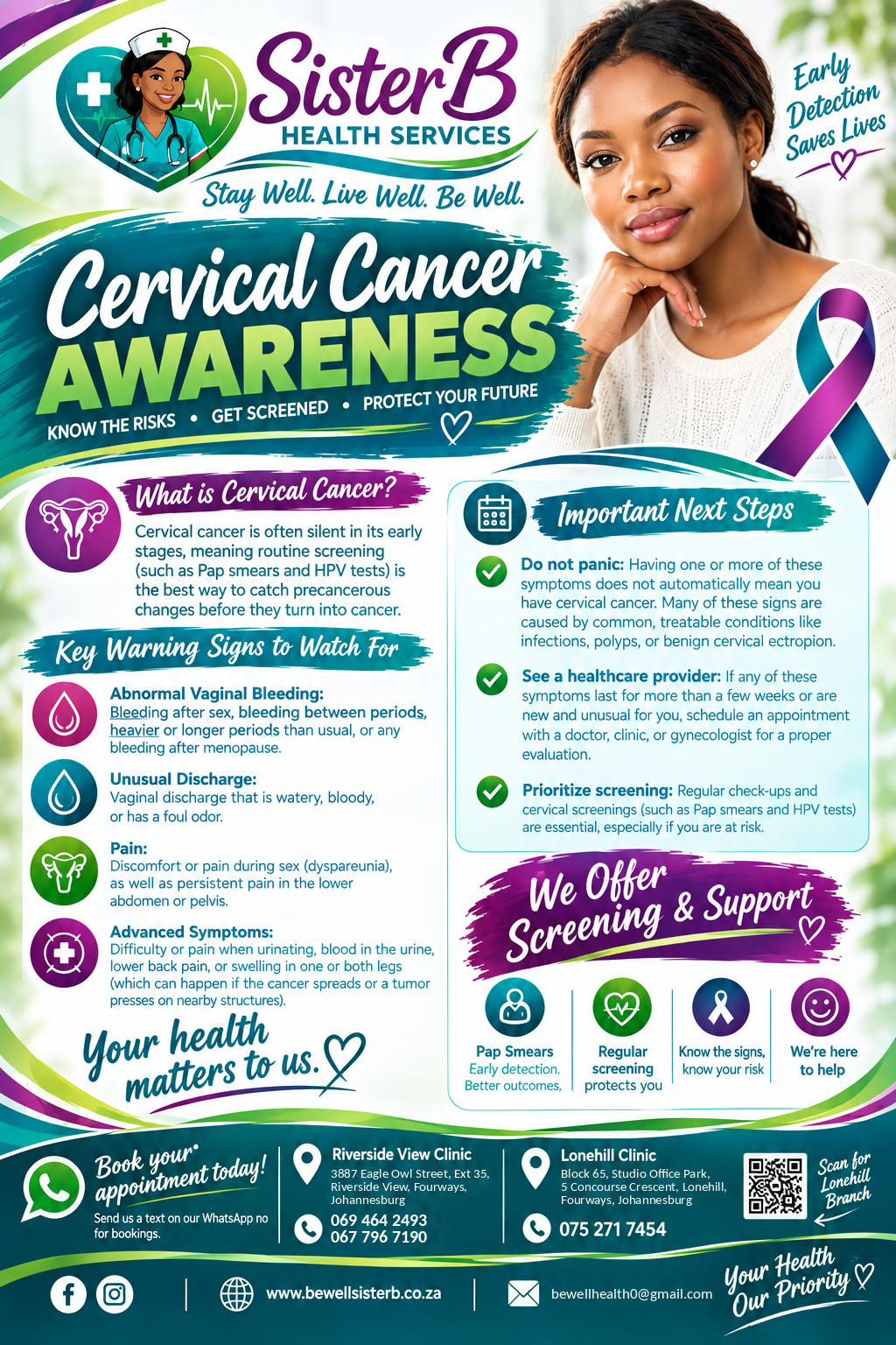 SisterB Health Services Cervical Cancer Awareness poster — key warning signs to watch for, important next steps and Pap smear screening