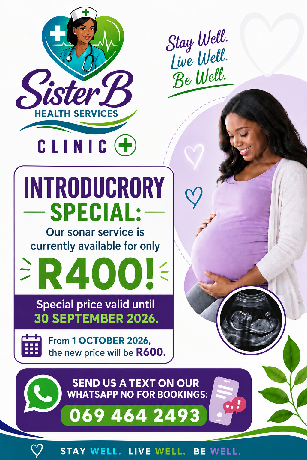 SisterB Health Services sonar special announcement — introductory price of R400 until 30 September 2026